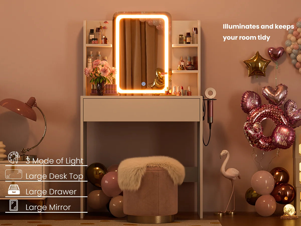 Ensemble coiffeuse avec miroirs et éclairage réglable, coiffeuse avec prise électrique pour chambre ou dressing, blanc