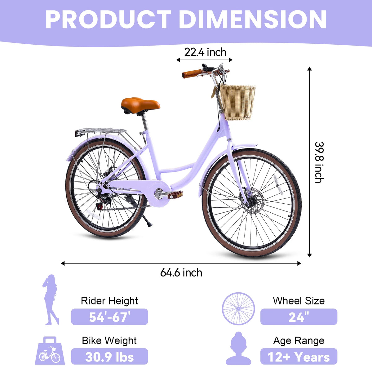 26 Vélos de Plage pour Femme, Vélos Pipleo pour Femme avec Panier en Rotin, 7 Vitesses & Cadre Ouvert