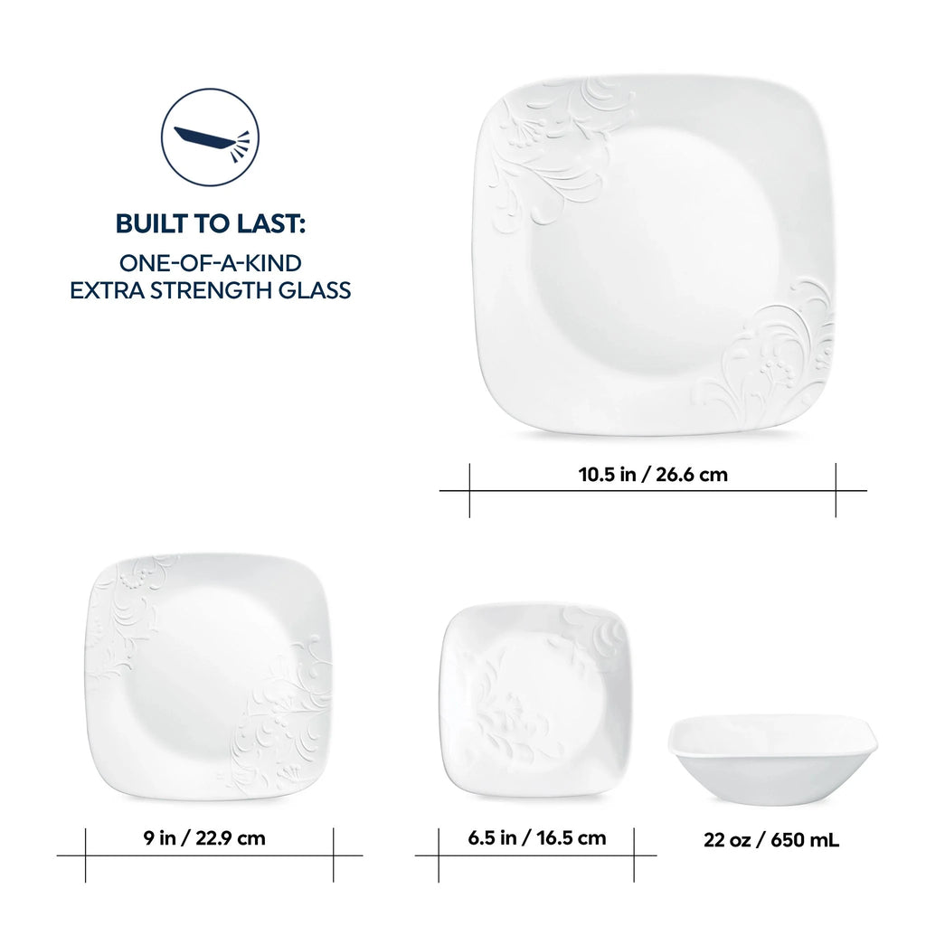 Service de vaisselle Corelle Cherish en verre carré gaufré, 16 pièces (pour 4 personnes)
