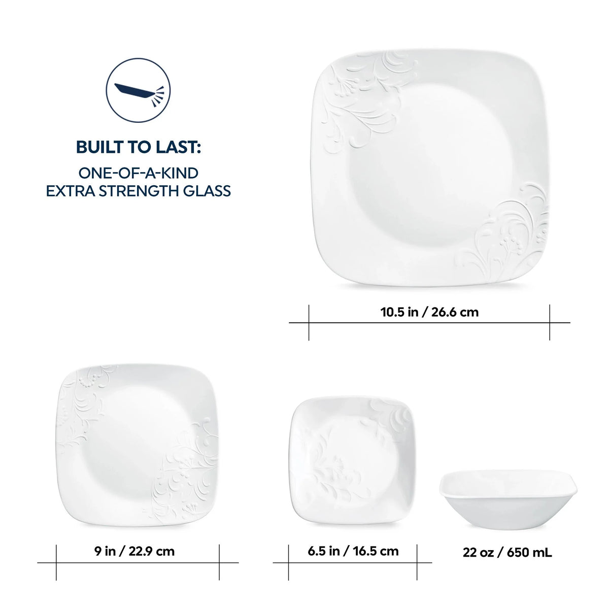 Service de vaisselle Corelle Cherish en verre carré gaufré, 16 pièces (pour 4 personnes)
