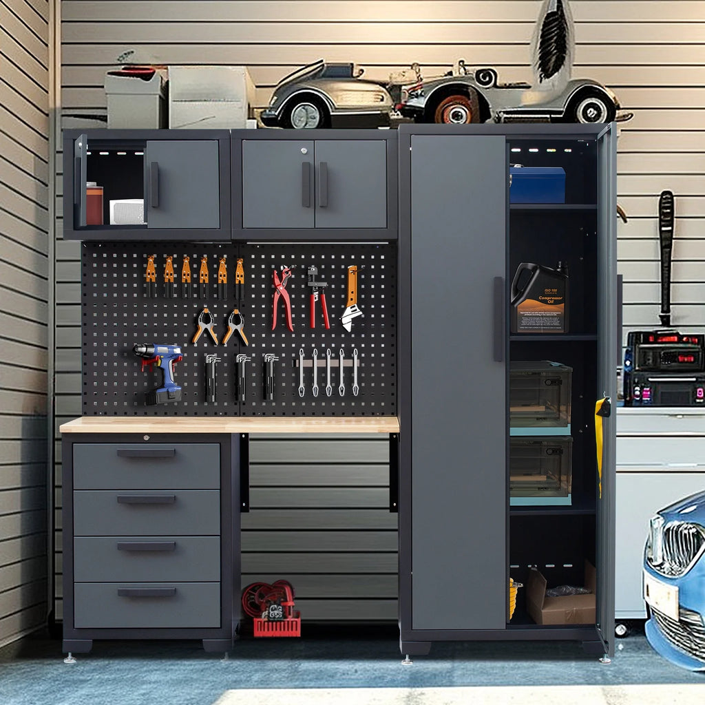 Système d'armoires de rangement de garage HPDMC, ensemble d'atelier de 7 pièces, système d'armoires de garage en métal avec tiroirs en acier, établi et panneau perforé pour l'organisation des outils de garage