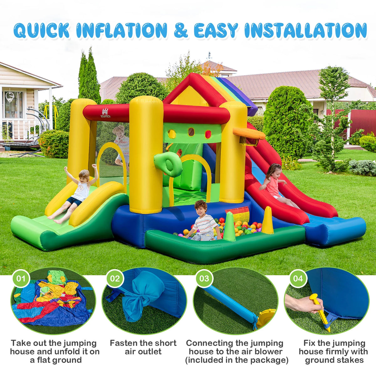 Château gonflable arc-en-ciel Costway pour enfants avec 50 balles et souffleur 735W