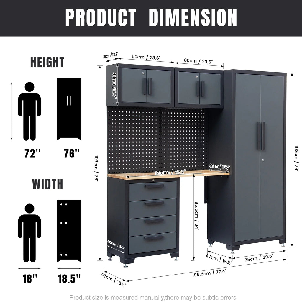 Système d'armoires de rangement de garage HPDMC, ensemble d'atelier de 7 pièces, système d'armoires de garage en métal avec tiroirs en acier, établi et panneau perforé pour l'organisation des outils de garage