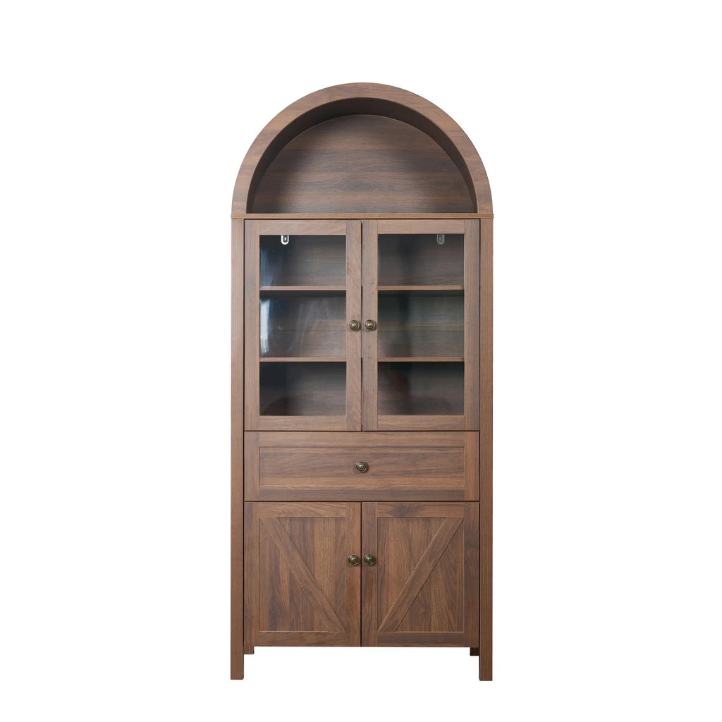 Bibliothèque arquée Lisonu 72 avec portes, vitrine haute en dôme avec rangement pour salon ou bureau à domicile, naturel