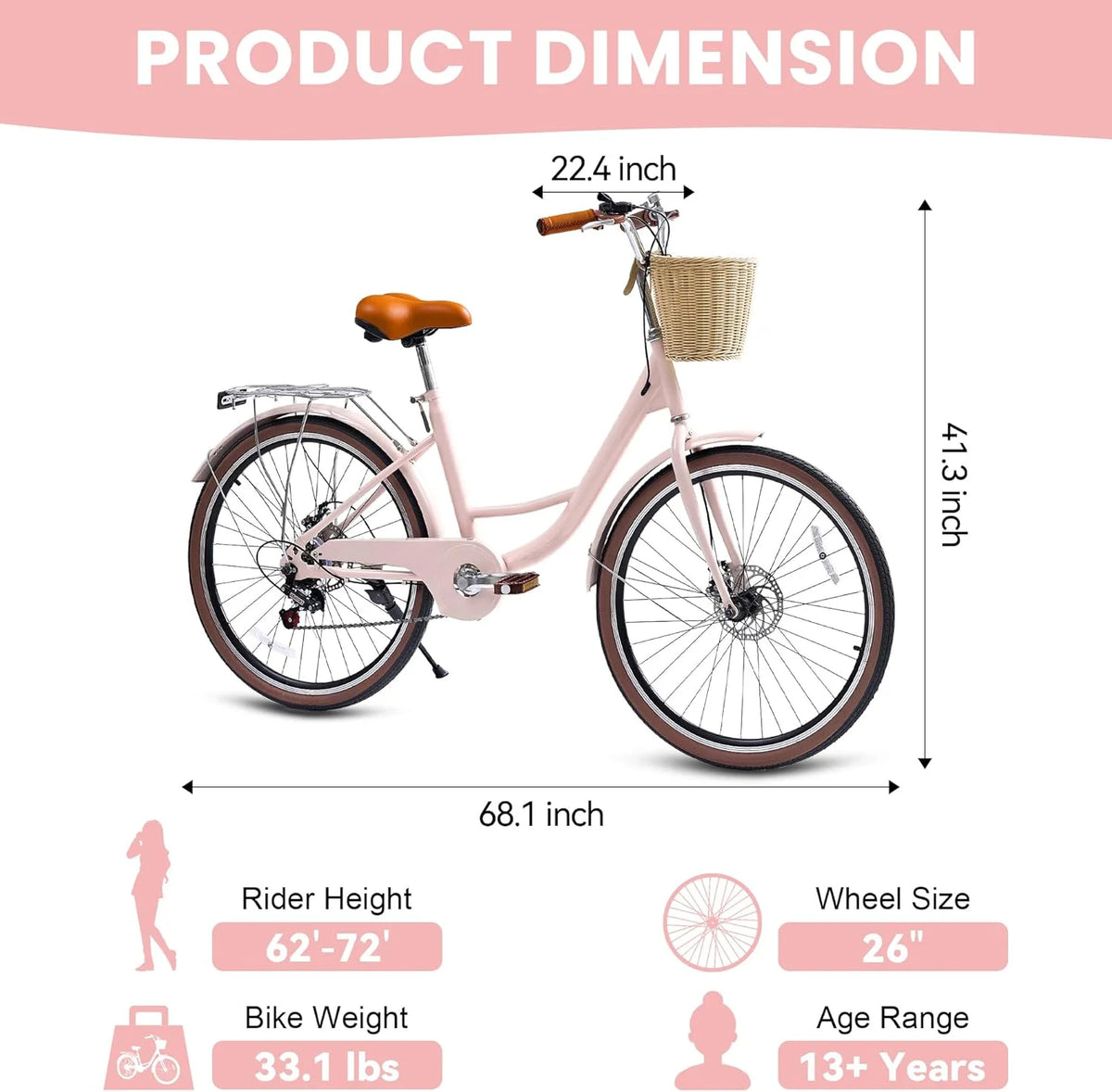 26 Vélos de Plage pour Femme, Vélos Pipleo pour Femme avec Panier en Rotin, 7 Vitesses & Cadre Ouvert