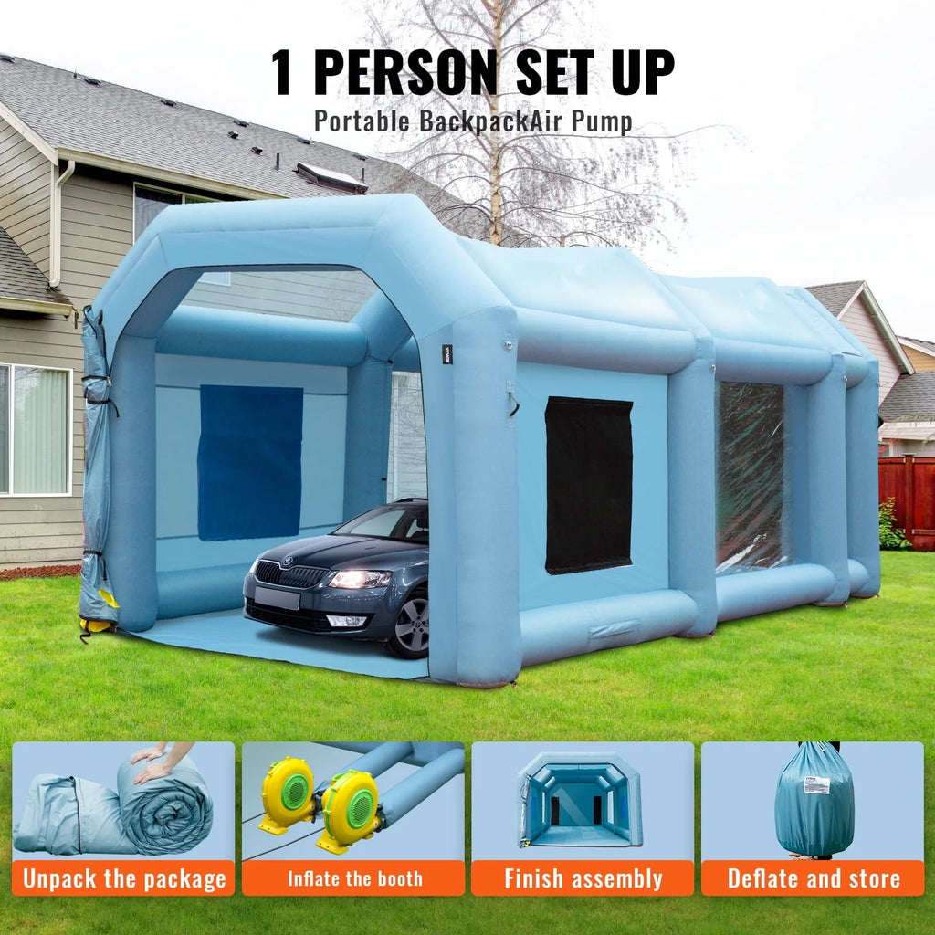 Cabine de peinture gonflable BENTISM 26x15x11 pieds, tente gonflable pour peinture automobile avec système de filtration et souffleries de 750W + 950W