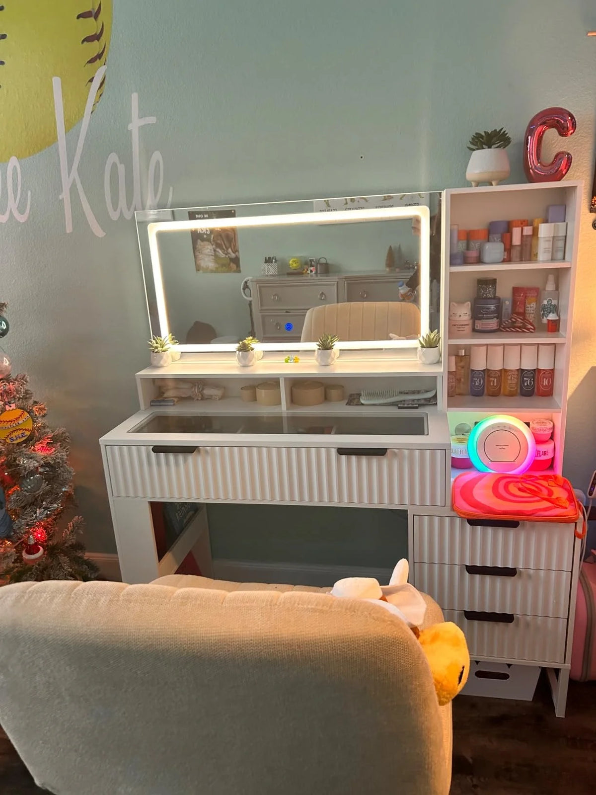 Ensemble coiffeuse avec miroirs et éclairage réglable, coiffeuse avec prise électrique pour chambre ou dressing, blanc