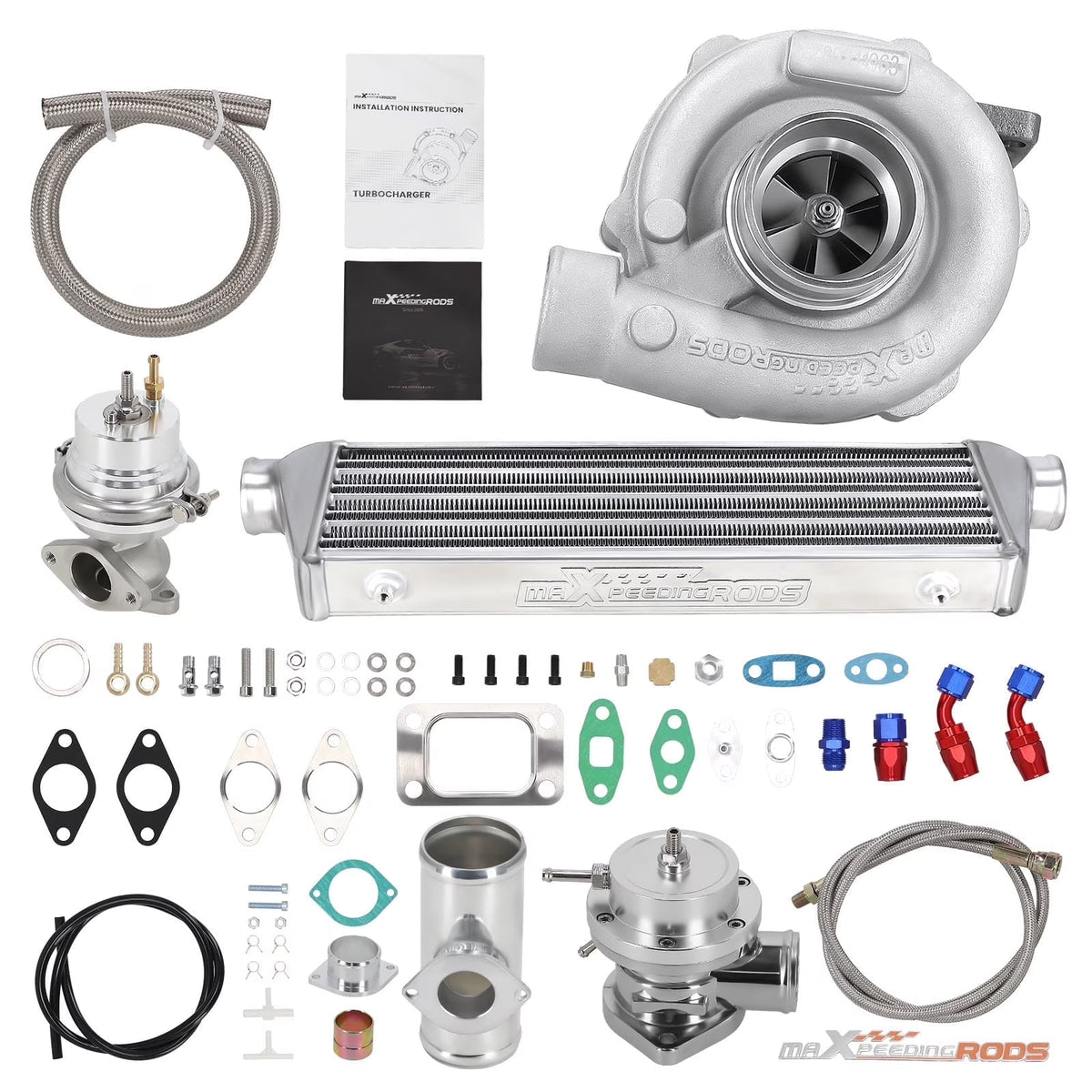 Maxpeedingrods T3 T4 T04E Kit universel turbo + vanne de décompression + intercooler + soupape de décompression + durites d'huile