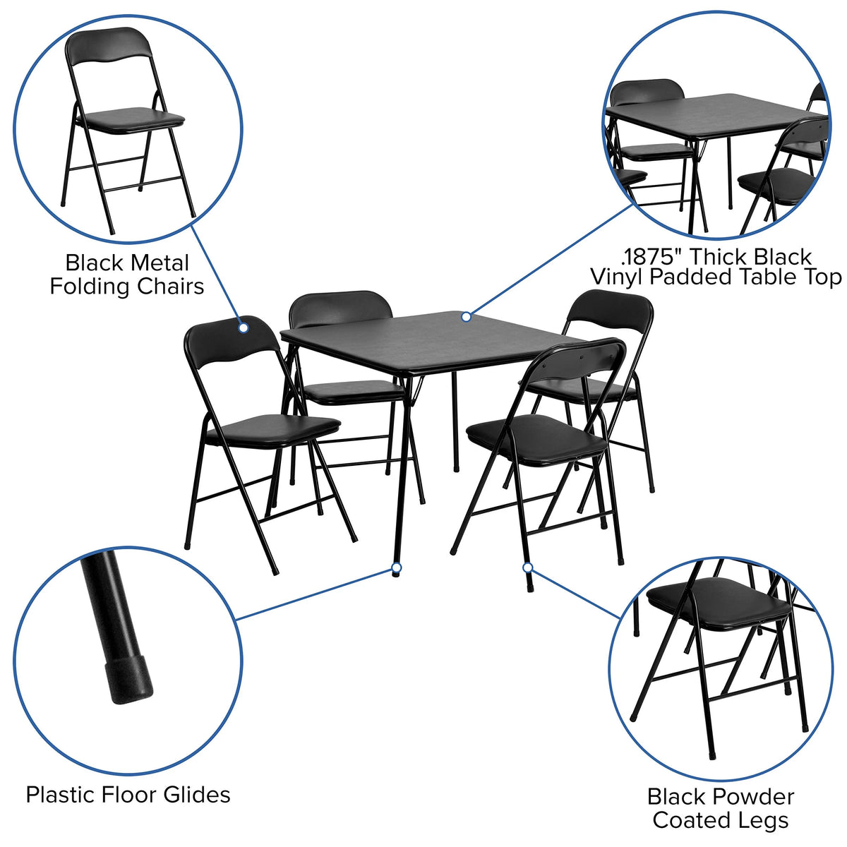 Ensemble Madison 5 pièces de table à cartes pliante et chaises, ensemble de table et chaises portable pour événements, noir