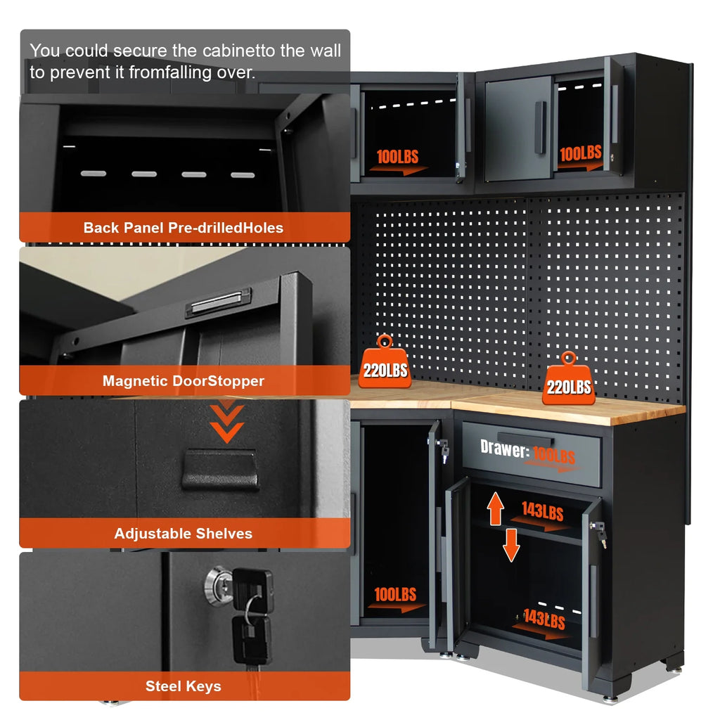 Système d'armoires de rangement de garage HPDMC, ensemble d'atelier de 7 pièces, système d'armoires de garage en métal avec tiroirs en acier, établi et panneau perforé pour l'organisation des outils de garage
