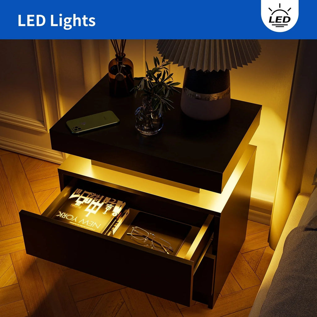 Lot de 2 tables de chevet LED, table de nuit moderne avec espace de rangement à 2 tiroirs, éclairage LED à couleurs réglables, noir