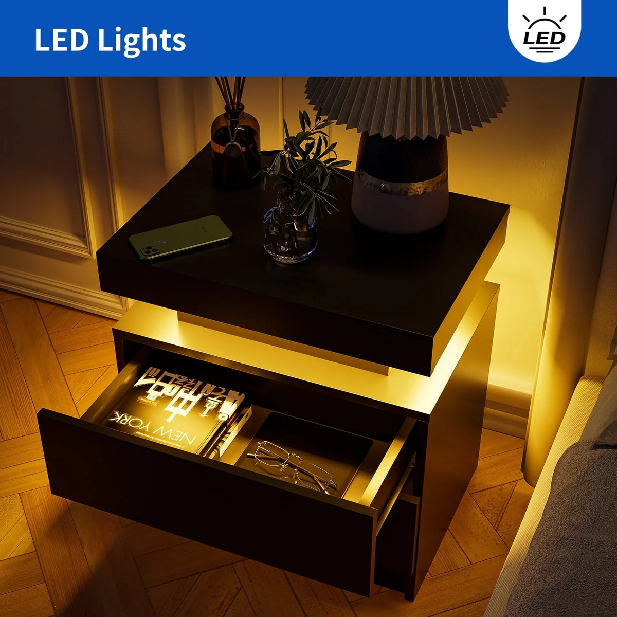 Lot de 2 tables de chevet LED, table de nuit moderne avec espace de rangement à 2 tiroirs, éclairage LED à couleurs réglables, noir