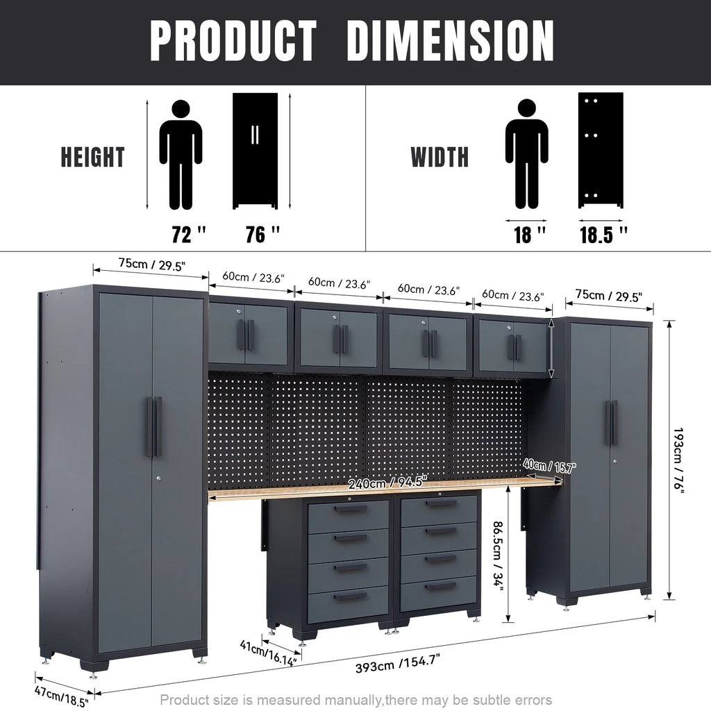Système d'armoires de rangement de garage HPDMC, ensemble d'atelier de 7 pièces, système d'armoires de garage en métal avec tiroirs en acier, établi et panneau perforé pour l'organisation des outils de garage