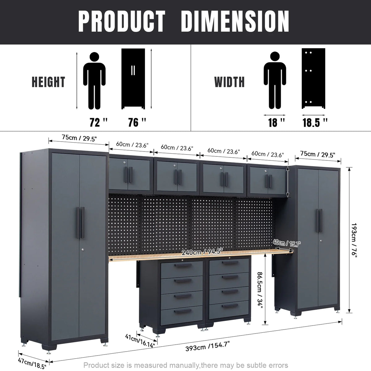 Système d'armoires de rangement de garage HPDMC, ensemble d'atelier de 7 pièces, système d'armoires de garage en métal avec tiroirs en acier, établi et panneau perforé pour l'organisation des outils de garage