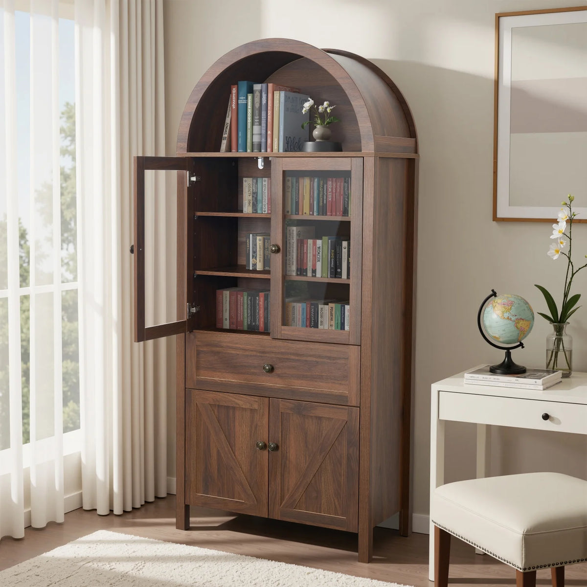 Bibliothèque arquée Lisonu 72 avec portes, vitrine haute en dôme avec rangement pour salon ou bureau à domicile, naturel