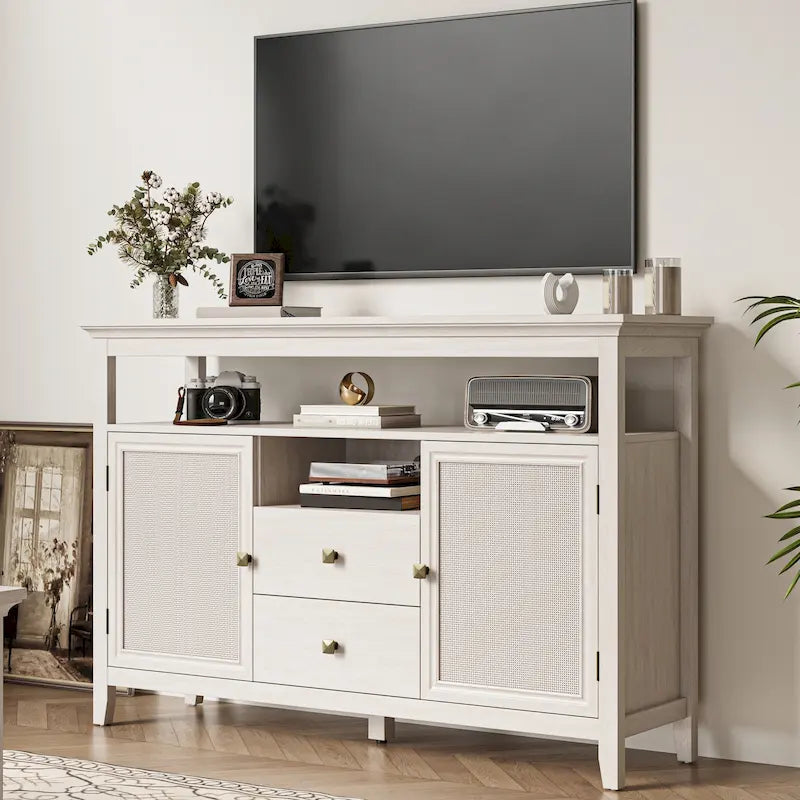 52.8 Buffet en rotin, meuble de rangement de style bohème et rustique avec étagères réglables, buffet d'appoint pour cuisine