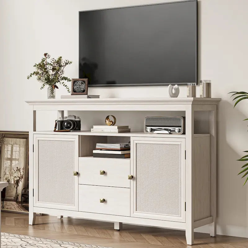52.8 Rattan Sideboard, Boho Farmhouse Storage Cabinet with Adjustable Shelves, Accent Buffet Cabinet for Kitchen
