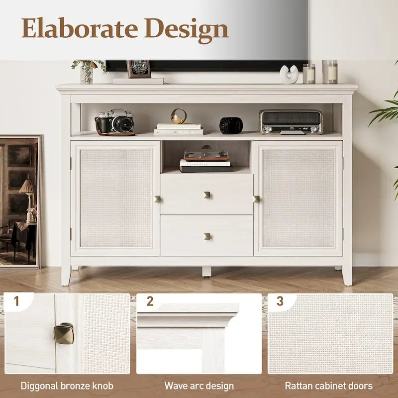 52.8 Rattan Sideboard, Boho Farmhouse Storage Cabinet with Adjustable Shelves, Accent Buffet Cabinet for Kitchen