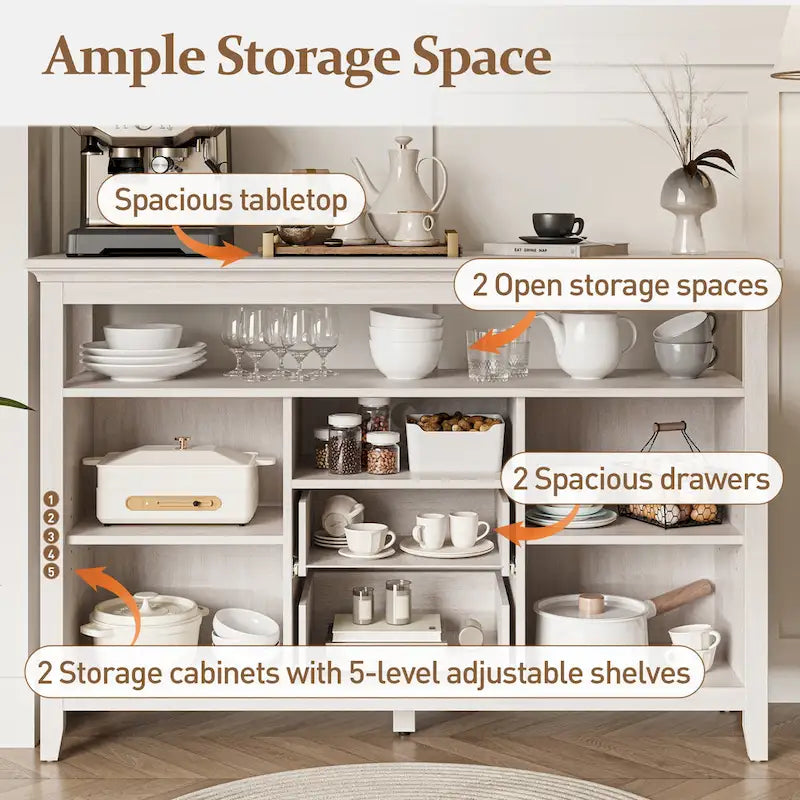 52.8 Buffet en rotin, meuble de rangement de style bohème et rustique avec étagères réglables, buffet d'appoint pour cuisine