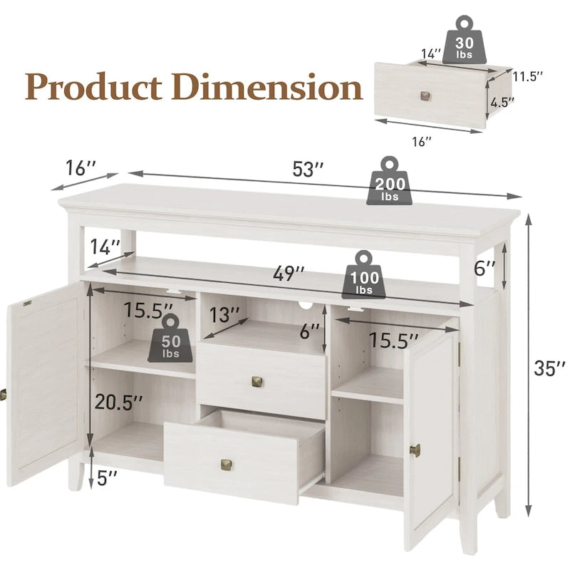 52.8 Buffet en rotin, meuble de rangement de style bohème et rustique avec étagères réglables, buffet d'appoint pour cuisine
