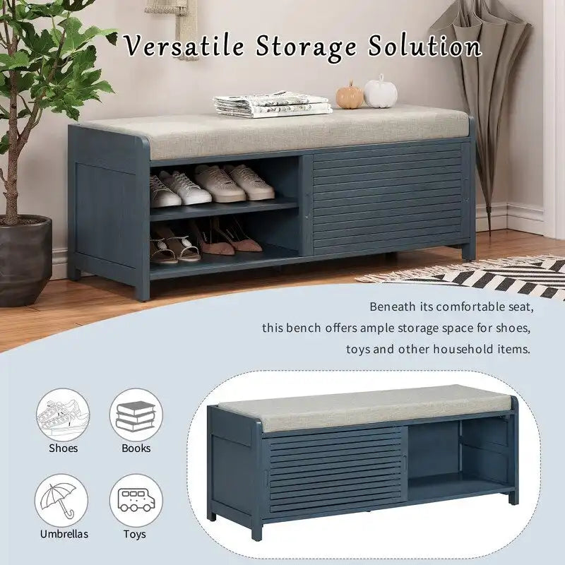 Distressed Shutter Storage Bench with Acacia Veneer