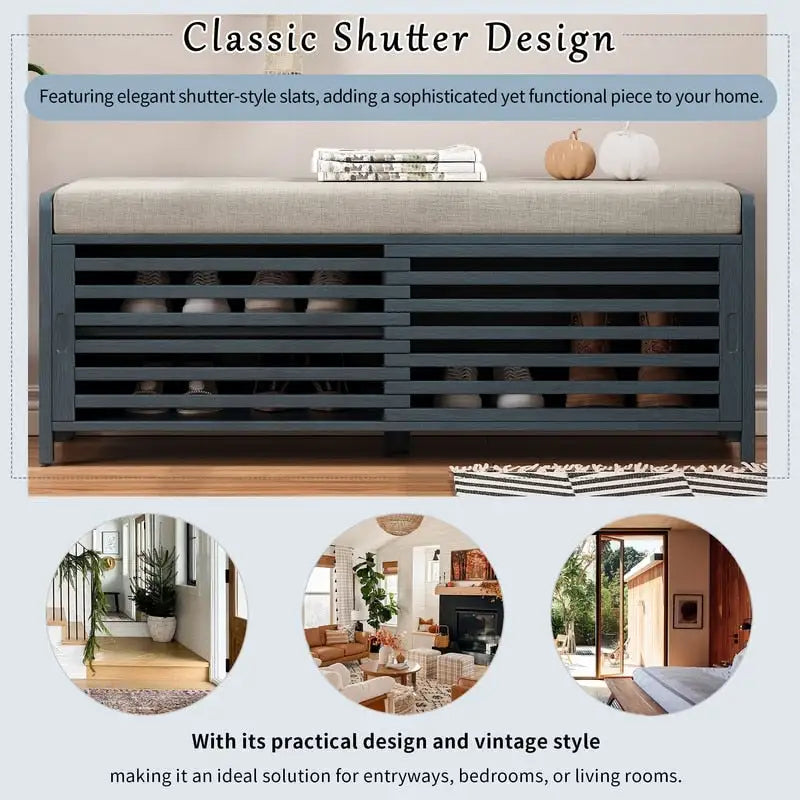 Distressed Shutter Storage Bench with Acacia Veneer
