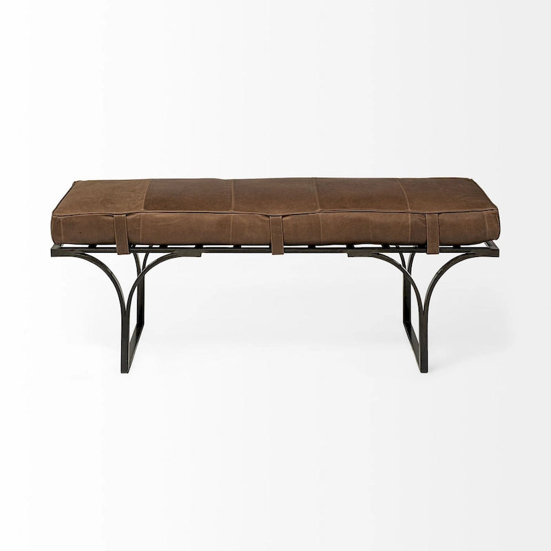 55 Brown and Black Upholstered Genuine Leather Bench - 55