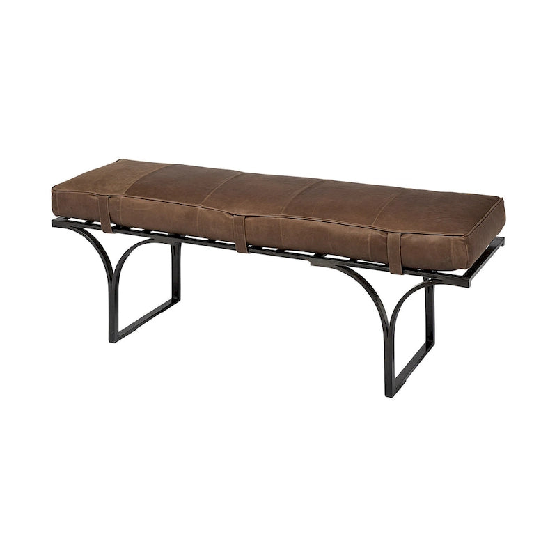 55 Brown and Black Upholstered Genuine Leather Bench - 55