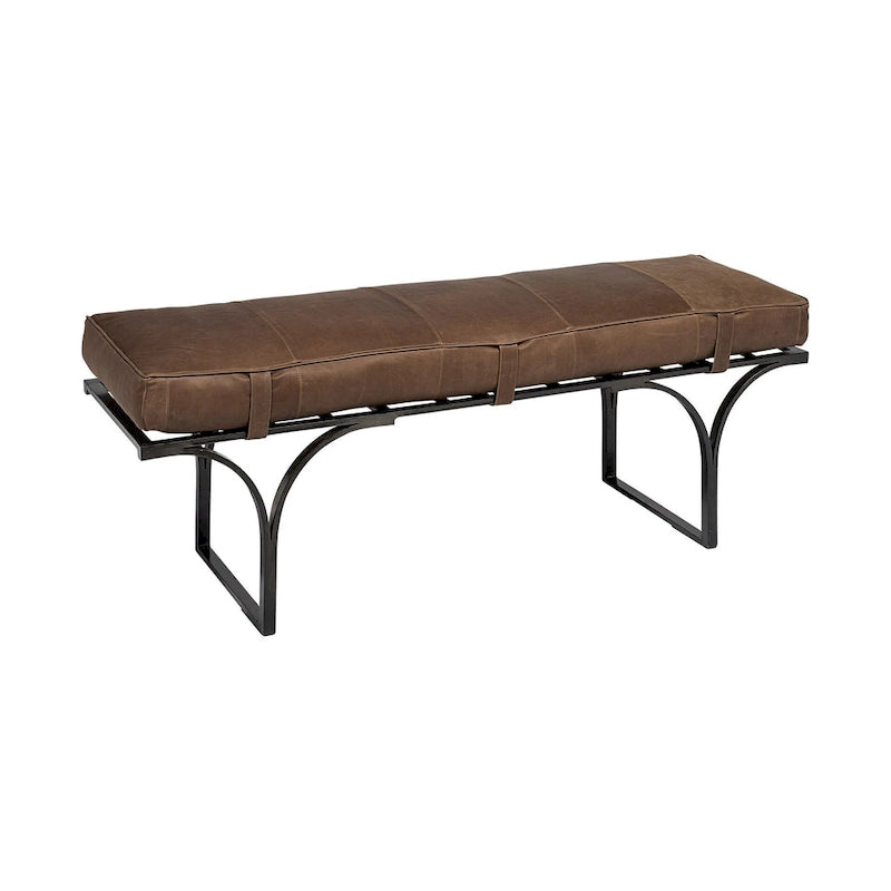55 Brown and Black Upholstered Genuine Leather Bench - 55