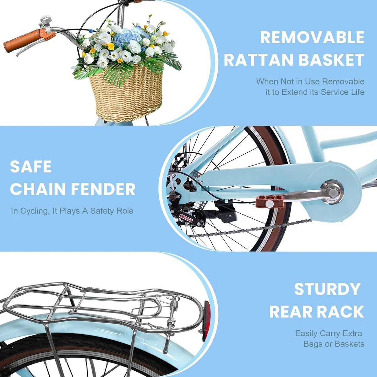 26 Vélos de Plage pour Femme, Vélos Pipleo pour Femme avec Panier en Rotin, 7 Vitesses & Cadre Ouvert