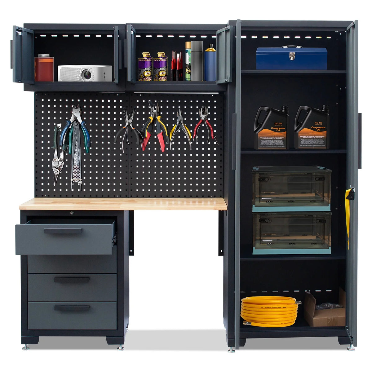 Système d'armoires de rangement de garage HPDMC, ensemble d'atelier de 7 pièces, système d'armoires de garage en métal avec tiroirs en acier, établi et panneau perforé pour l'organisation des outils de garage
