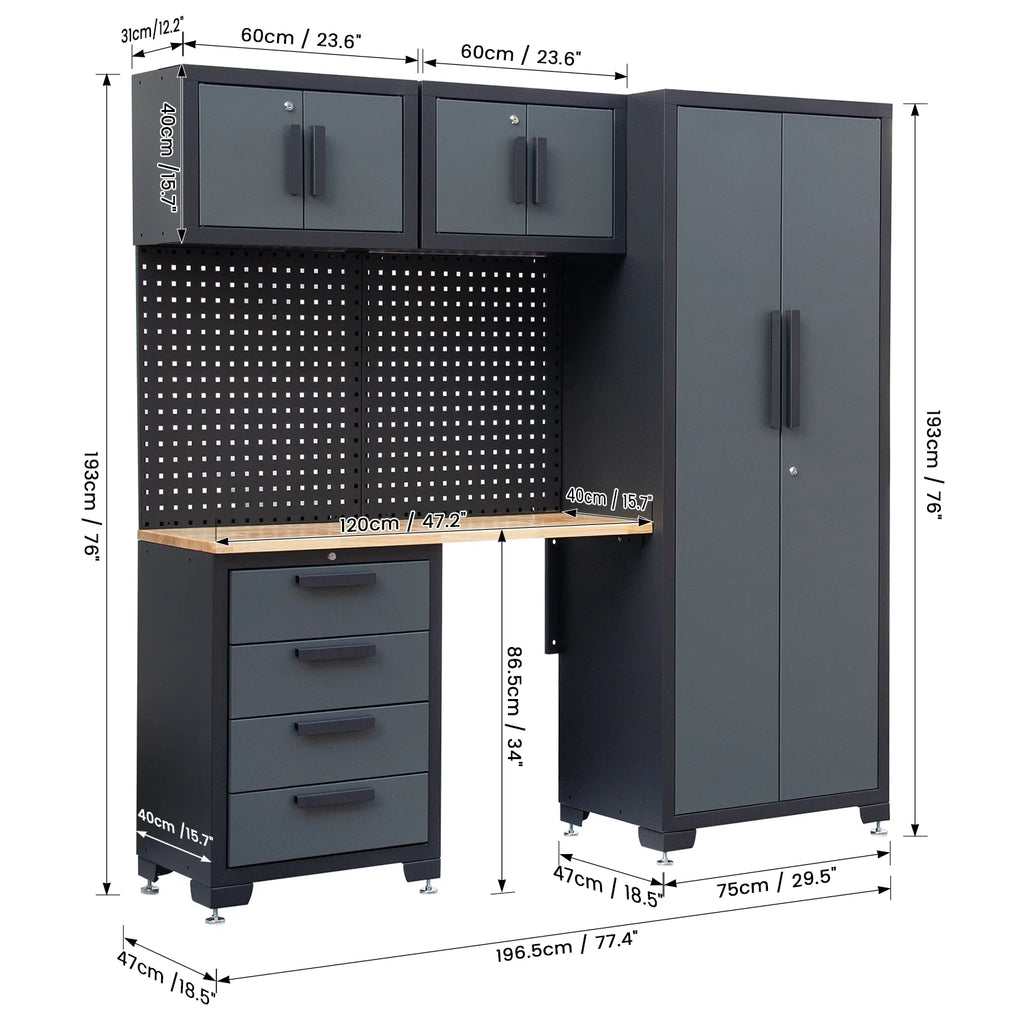 Système d'armoires de rangement de garage HPDMC, ensemble d'atelier de 7 pièces, système d'armoires de garage en métal avec tiroirs en acier, établi et panneau perforé pour l'organisation des outils de garage