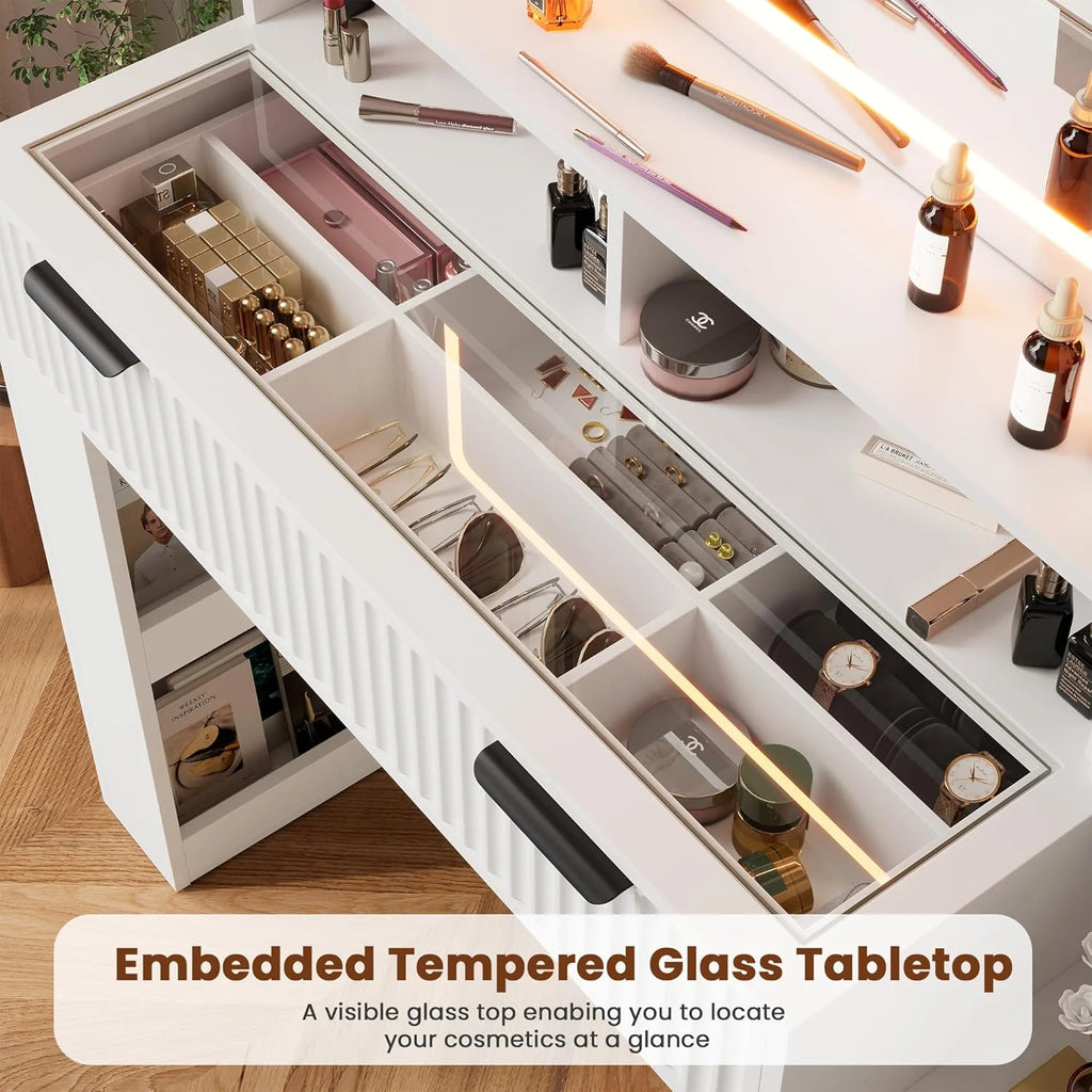 Ensemble coiffeuse avec miroirs et éclairage réglable, coiffeuse avec prise électrique pour chambre ou dressing, blanc