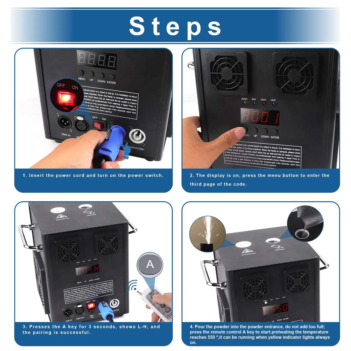 Lot de 4 machines à étincelles froides 700W, machines à effets de scène DMX pour scène, DJ, discothèque, mariage # Noir