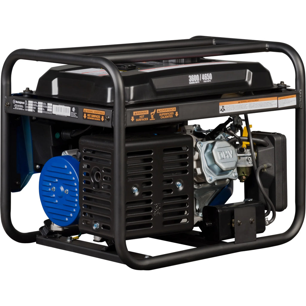 Groupe électrogène à essence portable Westinghouse 4650 de 4650 W, démarrage manuel, prise compatible camping-car, détecteur de CO