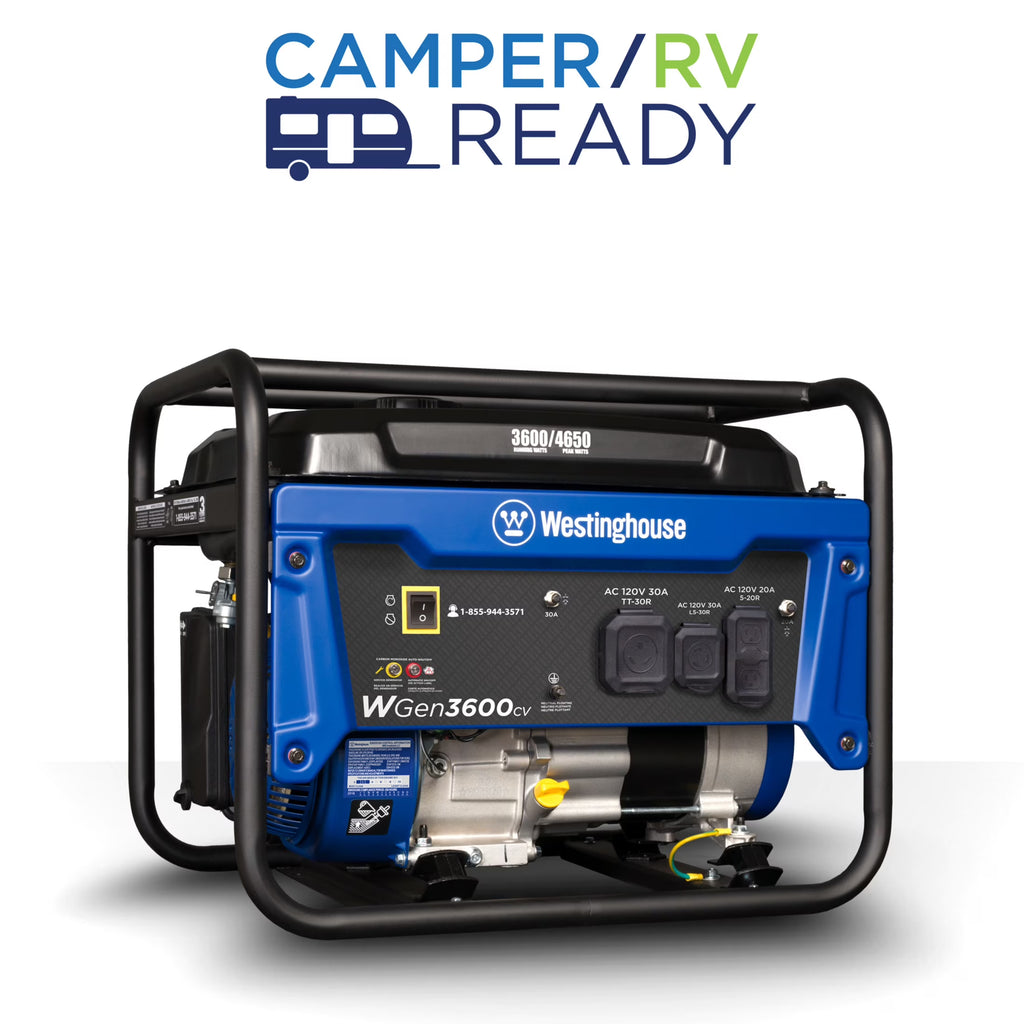 Groupe électrogène à essence portable Westinghouse 4650 de 4650 W, démarrage manuel, prise compatible camping-car, détecteur de CO