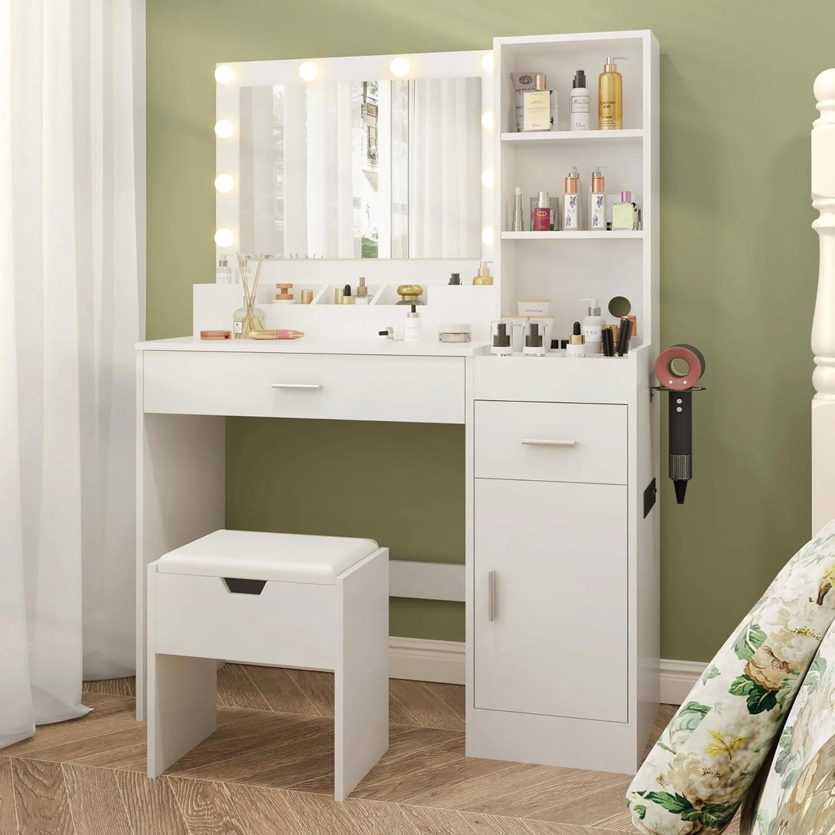 Ensemble coiffeuse avec miroirs et éclairage réglable, coiffeuse avec prise électrique pour chambre ou dressing, blanc