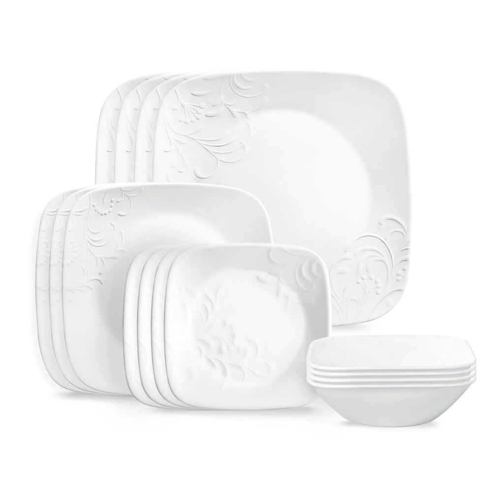 Service de vaisselle Corelle Cherish en verre carré gaufré, 16 pièces (pour 4 personnes)