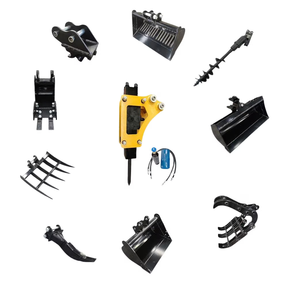 TYPHON Ensemble d’accessoires 10-en-1 pour mini-pelle C Coupleur rapide, Godets, Griffe, Déracineur, Foreuse, Pince, Godet basculant & Marteau hydraulique C Convient aux pelles de 0,6 à 2 tonnes, Kit d’outils robuste