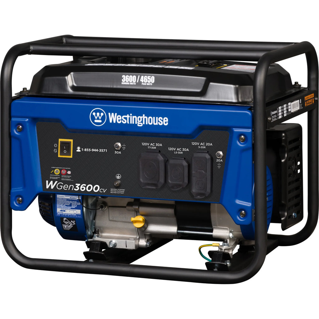 Groupe électrogène à essence portable Westinghouse 4650 de 4650 W, démarrage manuel, prise compatible camping-car, détecteur de CO