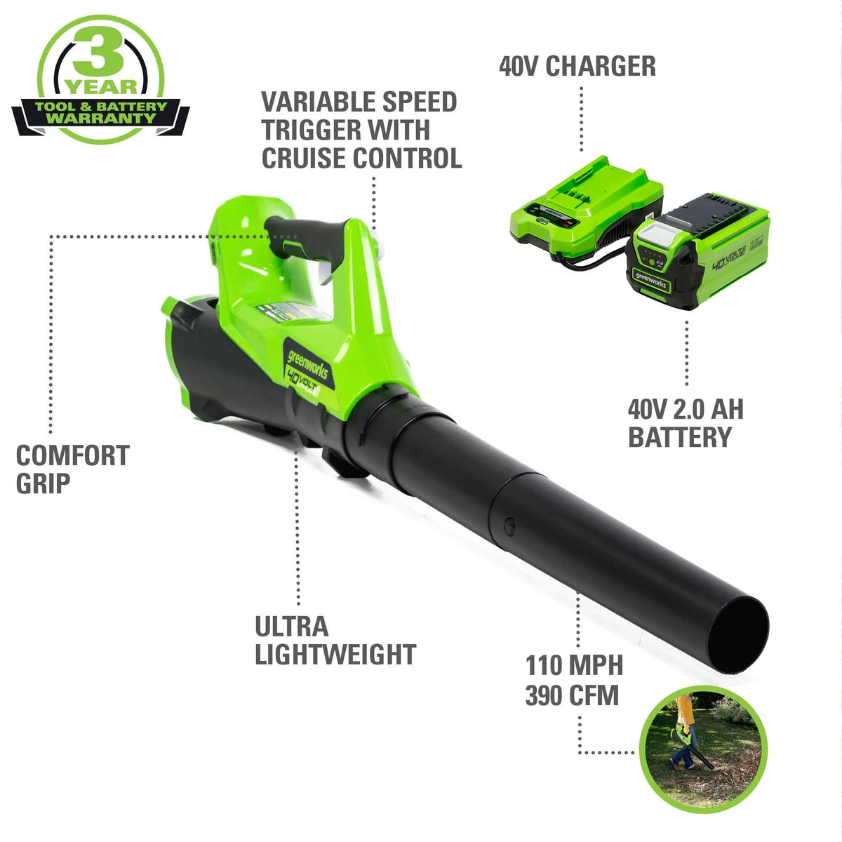 Combo coupe-bordures/souffleur de feuilles Greenworks 40 V avec batterie de 2,0 Ah, 1301202