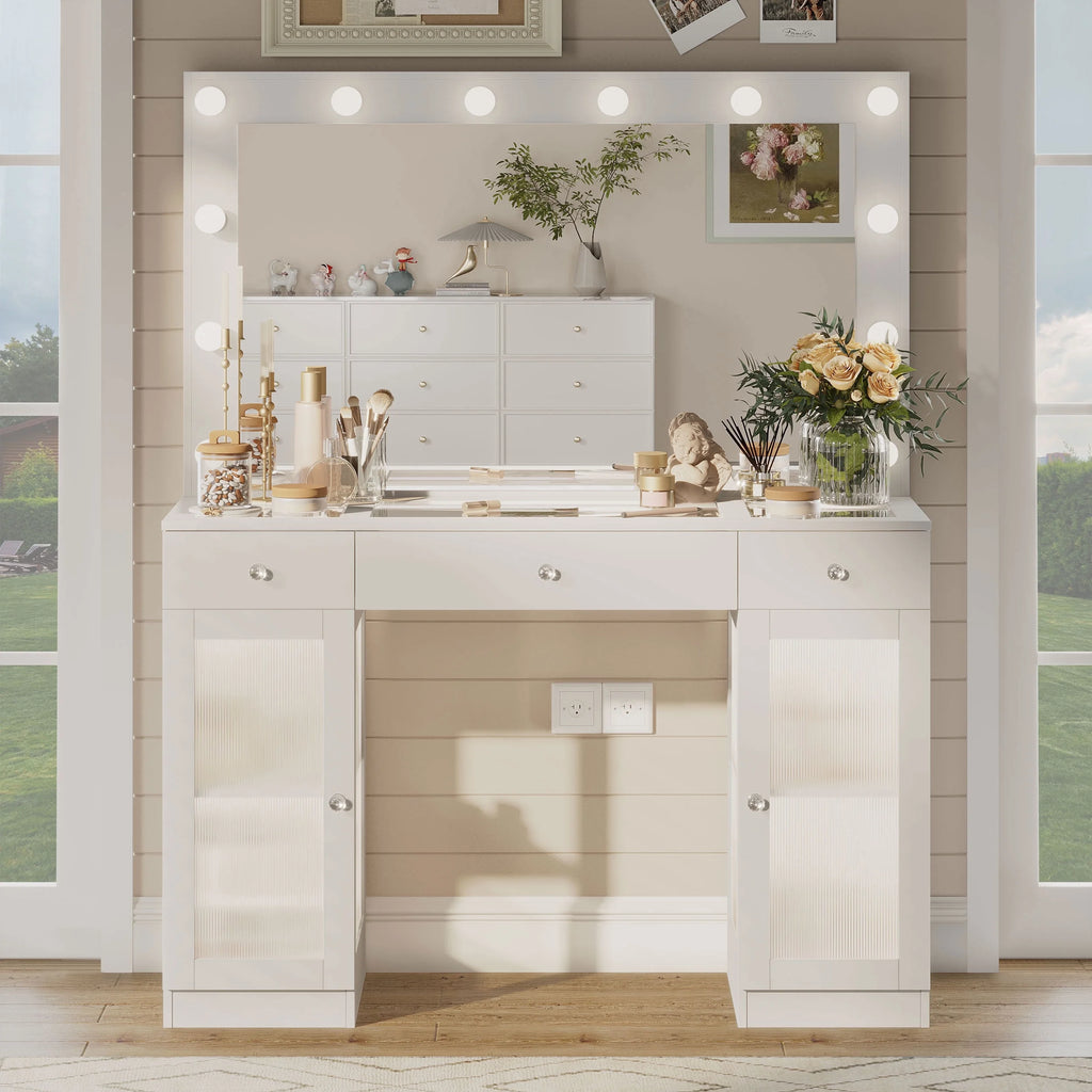 Coiffeuse ABOVOBA avec miroir et éclairage, 3 tiroirs et prise électrique, pour femme, blanche
