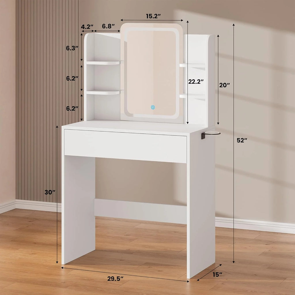 Ensemble coiffeuse avec miroirs et éclairage réglable, coiffeuse avec prise électrique pour chambre ou dressing, blanc
