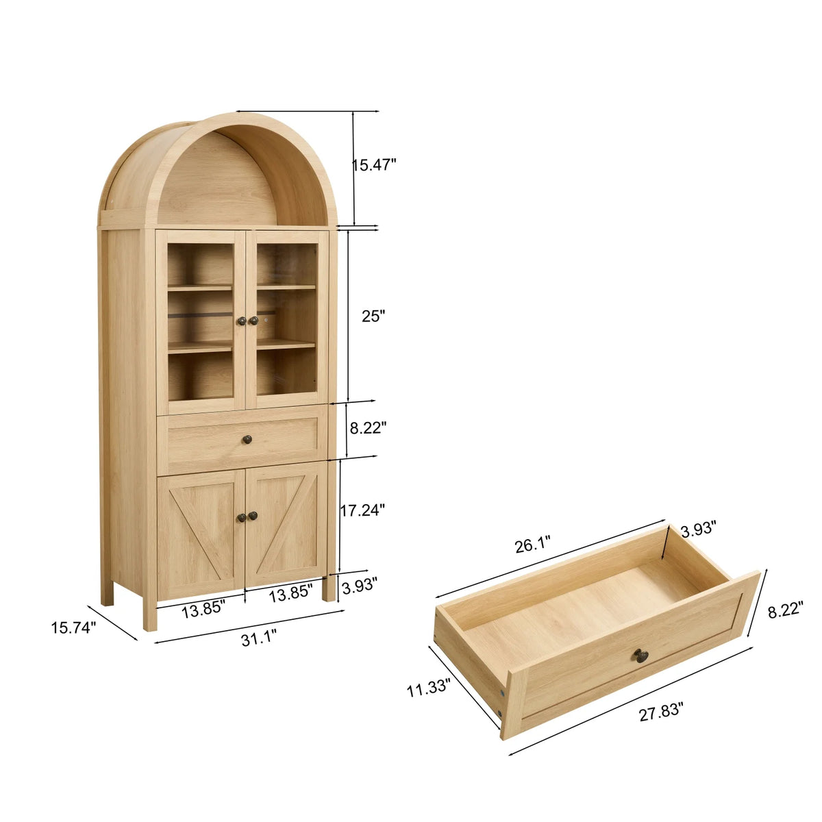 Bibliothèque arquée Lisonu 72 avec portes, vitrine haute en dôme avec rangement pour salon ou bureau à domicile, naturel