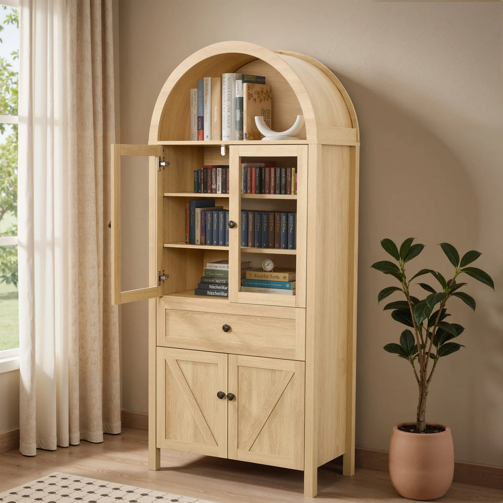 Bibliothèque arquée Lisonu 72 avec portes, vitrine haute en dôme avec rangement pour salon ou bureau à domicile, naturel