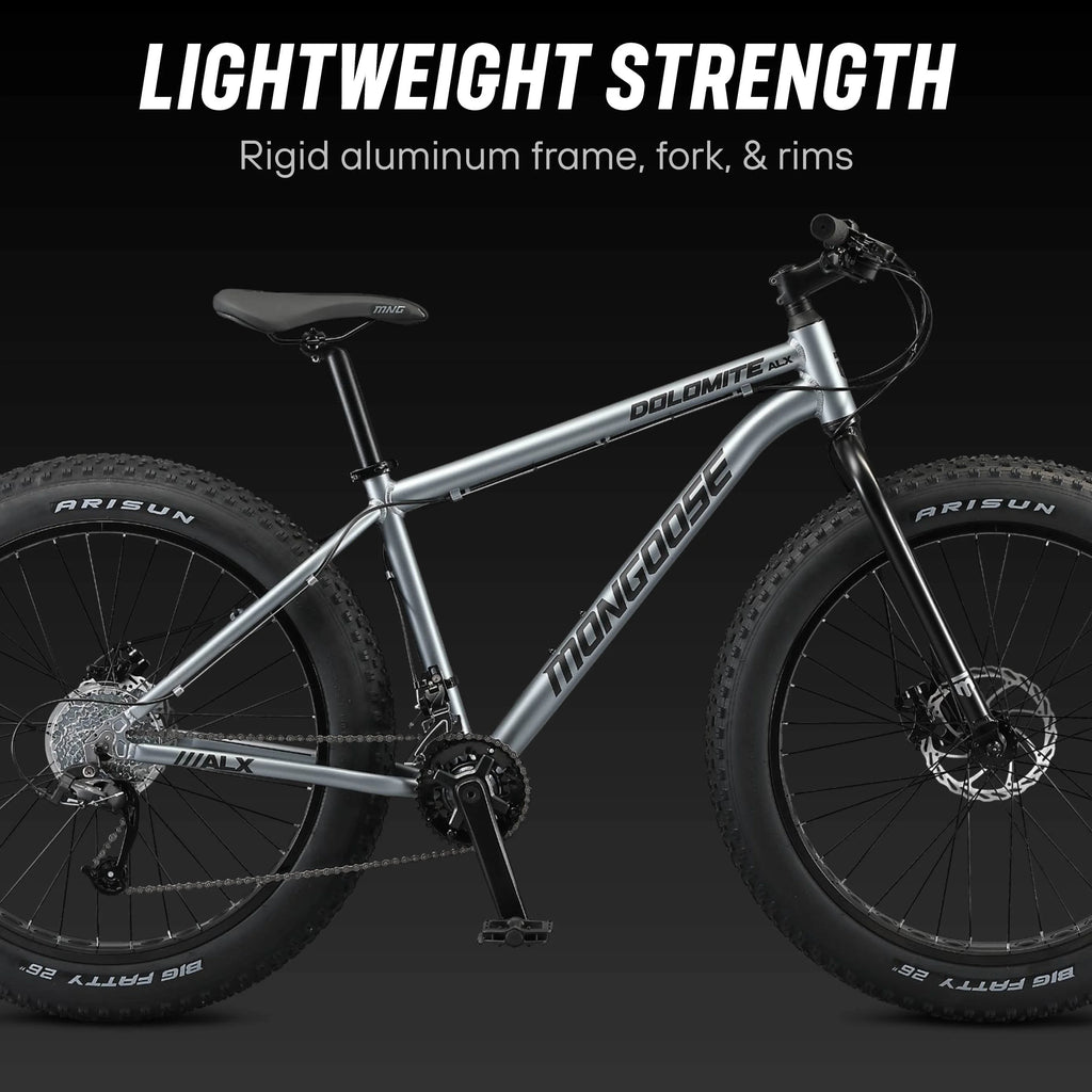 26 Mongoose Dolomite ALX Vélo tout-terrain unisexe à pneus larges, Gris, 12 ans et +