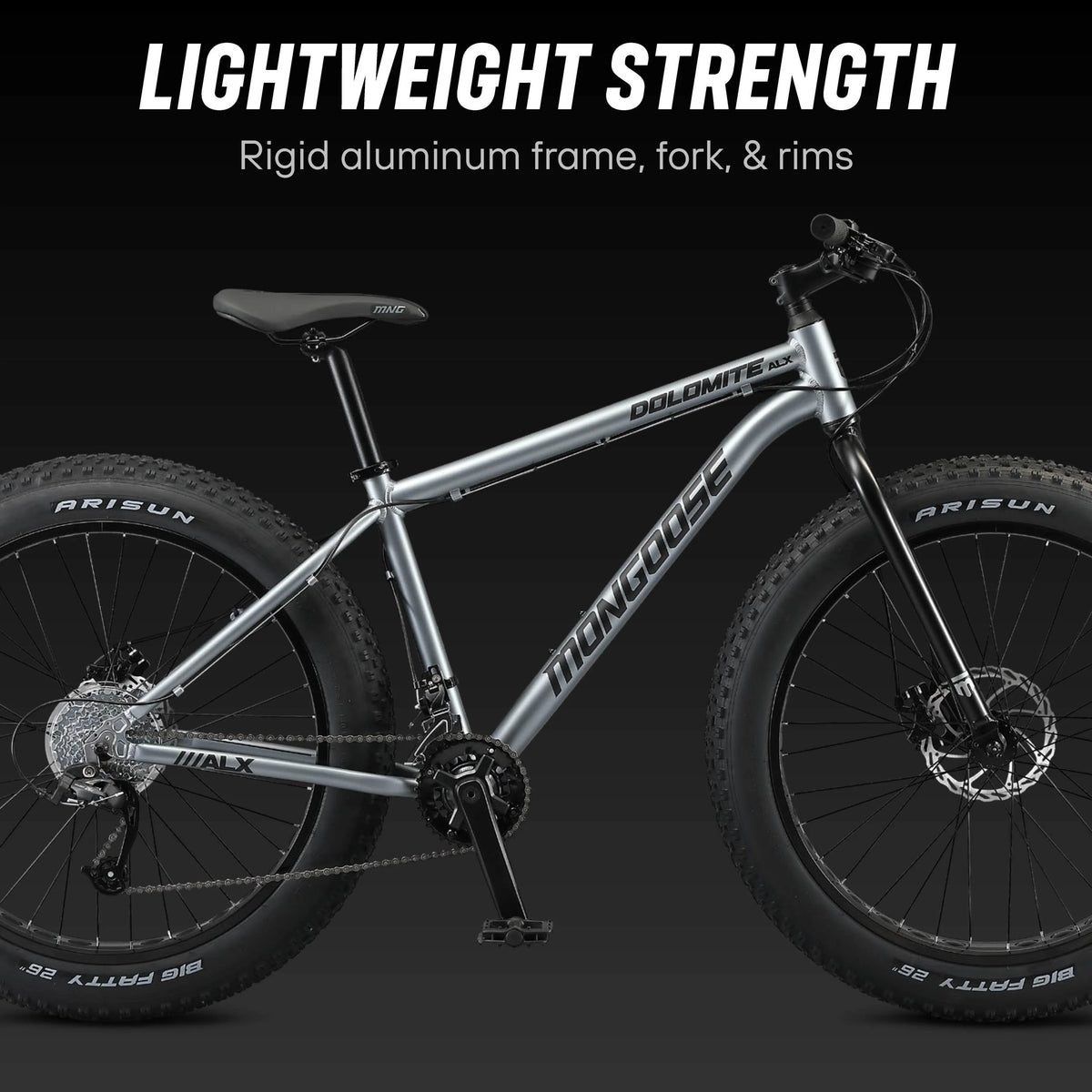 26 Mongoose Dolomite ALX Vélo tout-terrain unisexe à pneus larges, Gris, 12 ans et +