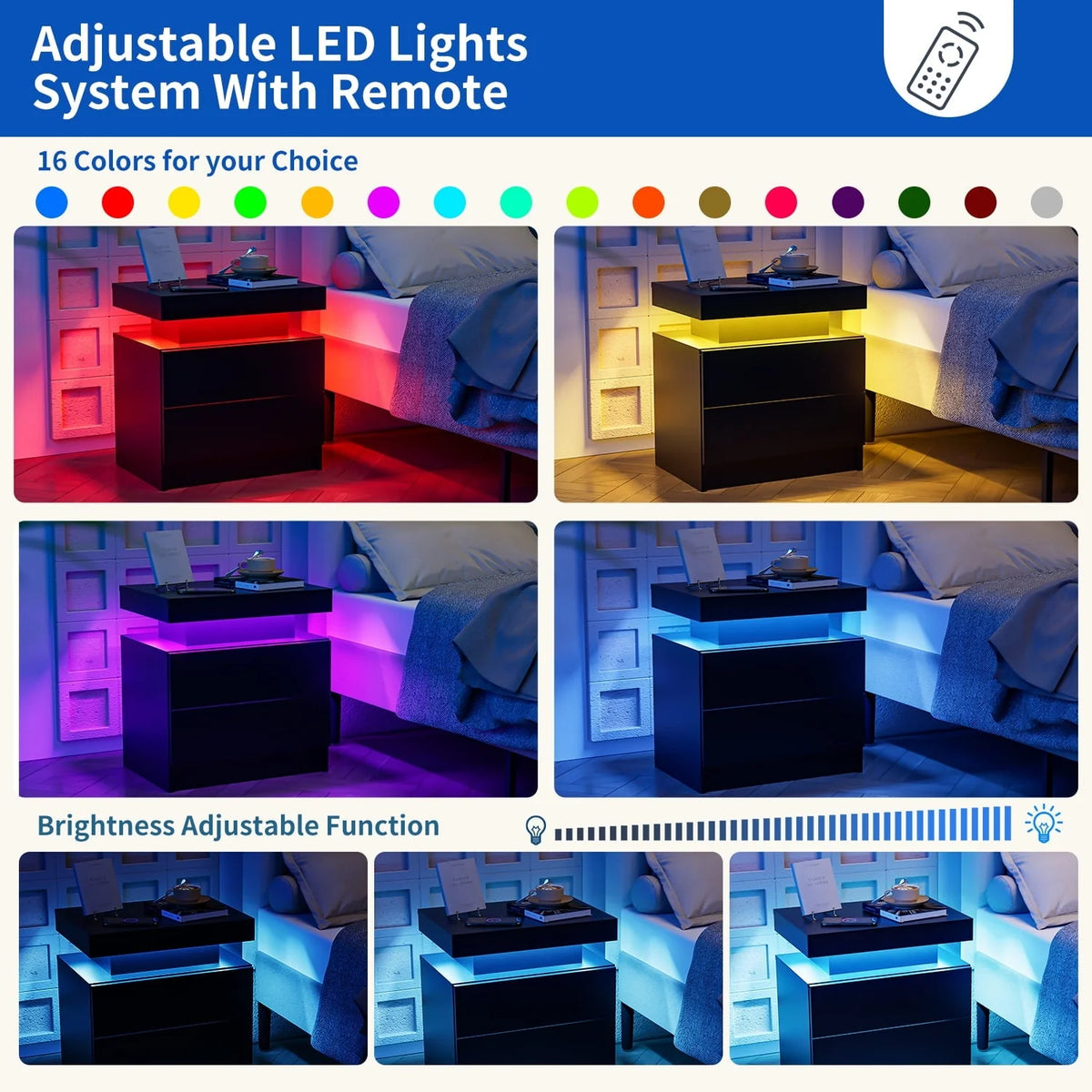 Lot de 2 tables de chevet LED, table de nuit moderne avec espace de rangement à 2 tiroirs, éclairage LED à couleurs réglables, noir