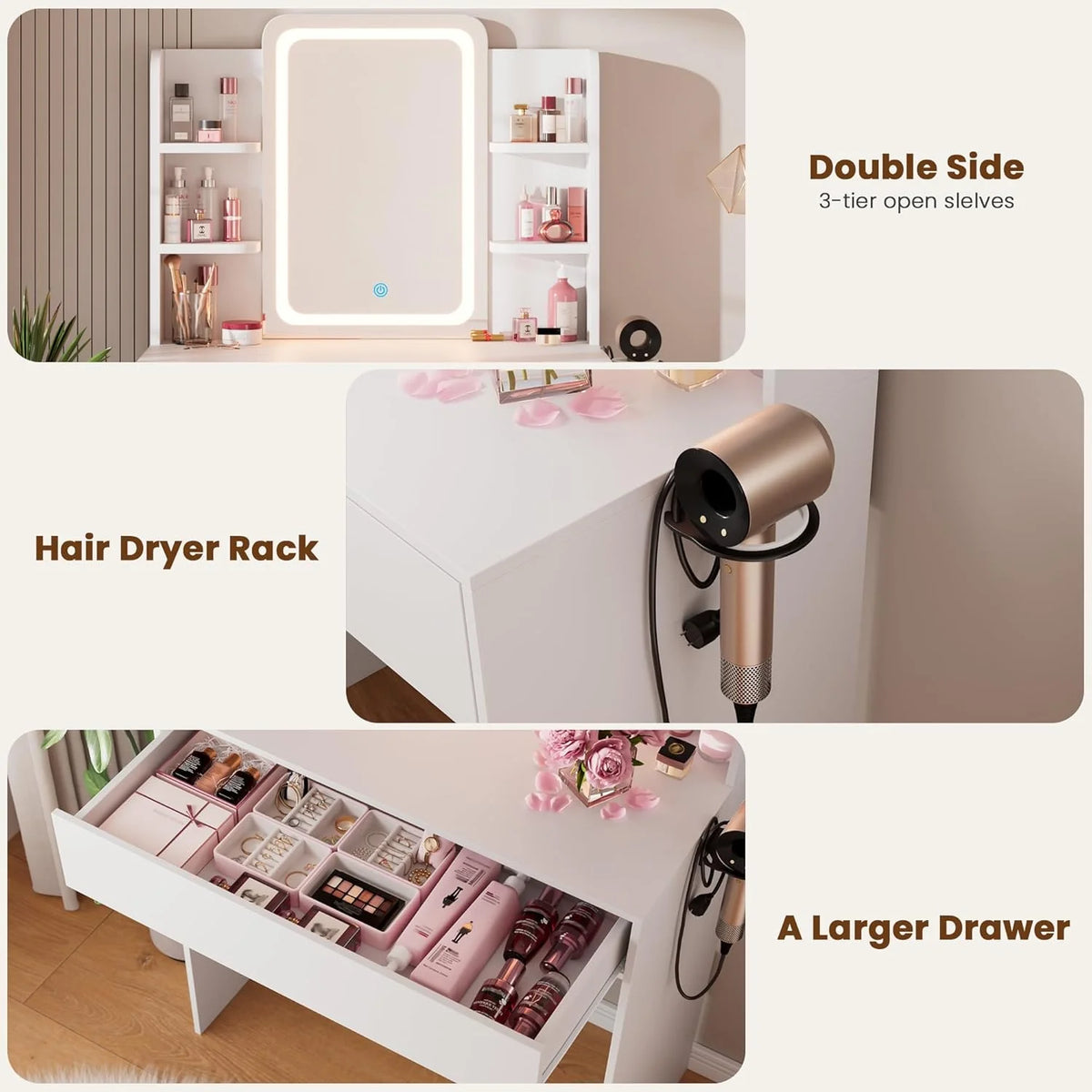 Ensemble coiffeuse avec miroirs et éclairage réglable, coiffeuse avec prise électrique pour chambre ou dressing, blanc