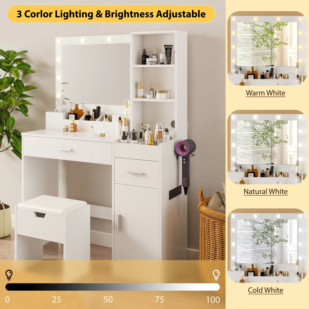 Ensemble coiffeuse avec miroirs et éclairage réglable, coiffeuse avec prise électrique pour chambre ou dressing, blanc